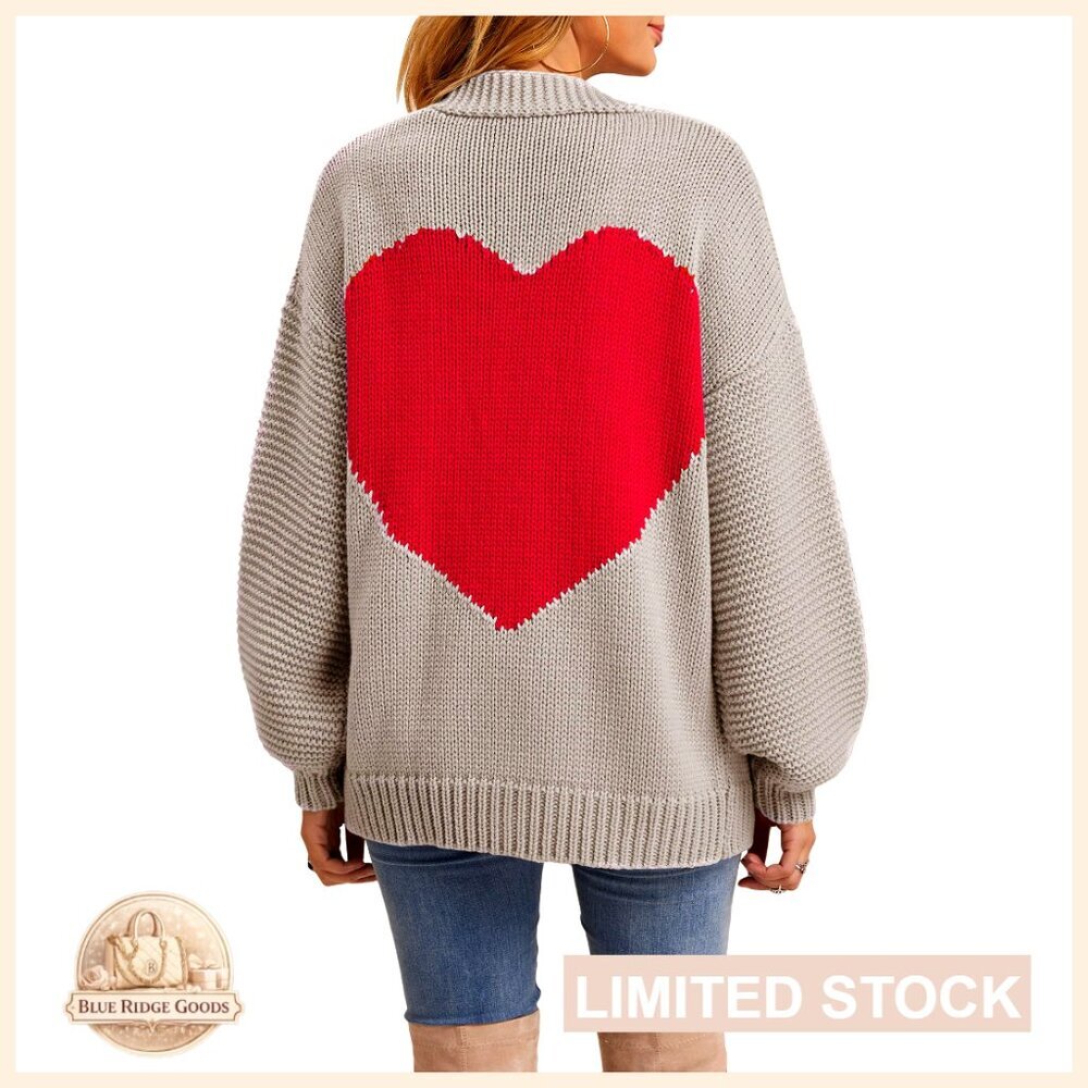 Knitted Heart Patch Open Front Long Sleeve Chunky Oversized Cardigan Sweater